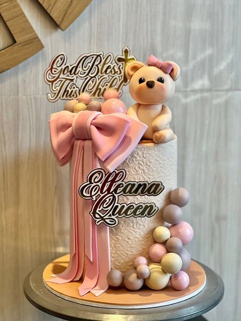 Christening cake, girl teddybear design